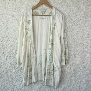 Bali Emerald Embroidered Sea Shell Kimono Cardigan 2X Ivory Green Coastal Boho